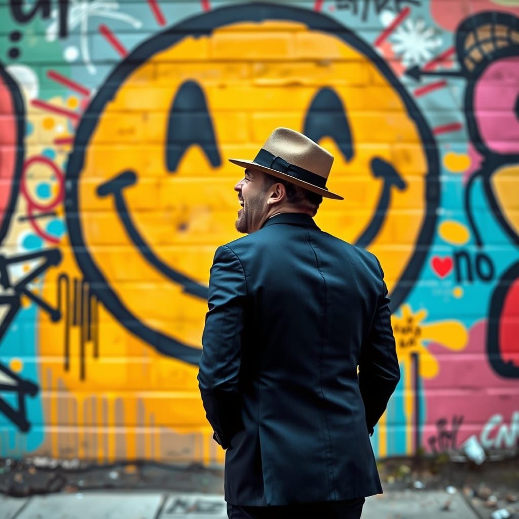 Laughing Man in Urban Graffiti Scene