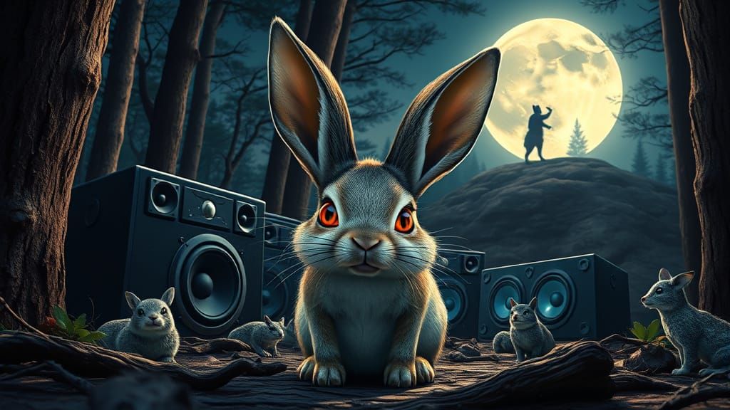 Rabbit in Fullmoon Rave Party Woodland Scene