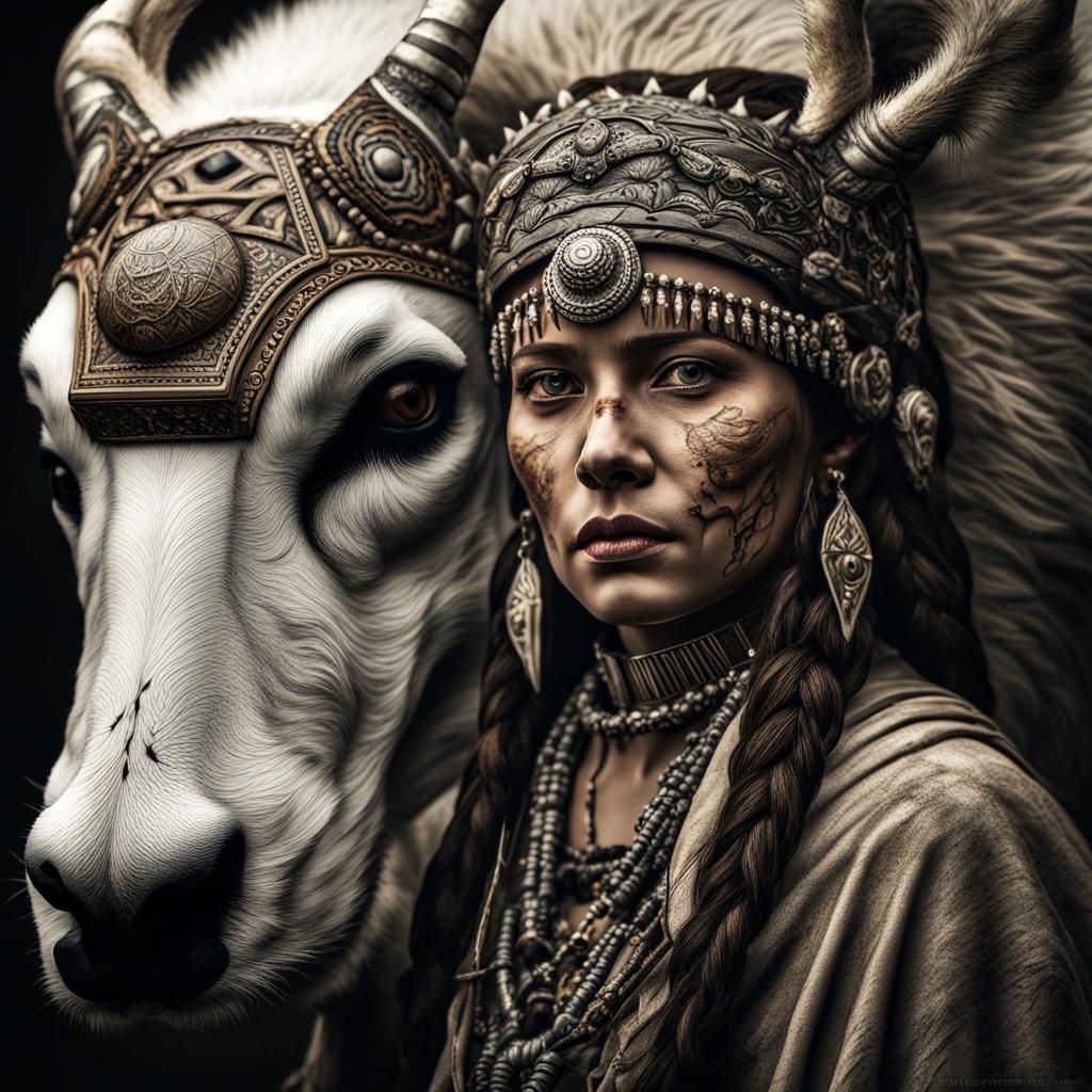 Woman with Buffalo Skull and Wolf Skin