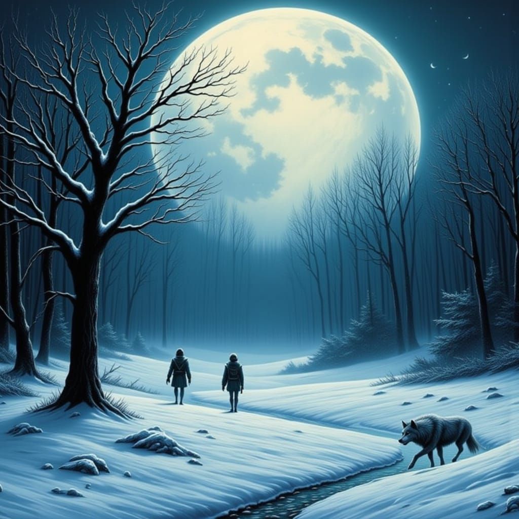 White Wolf Walking in Winter Moonlight