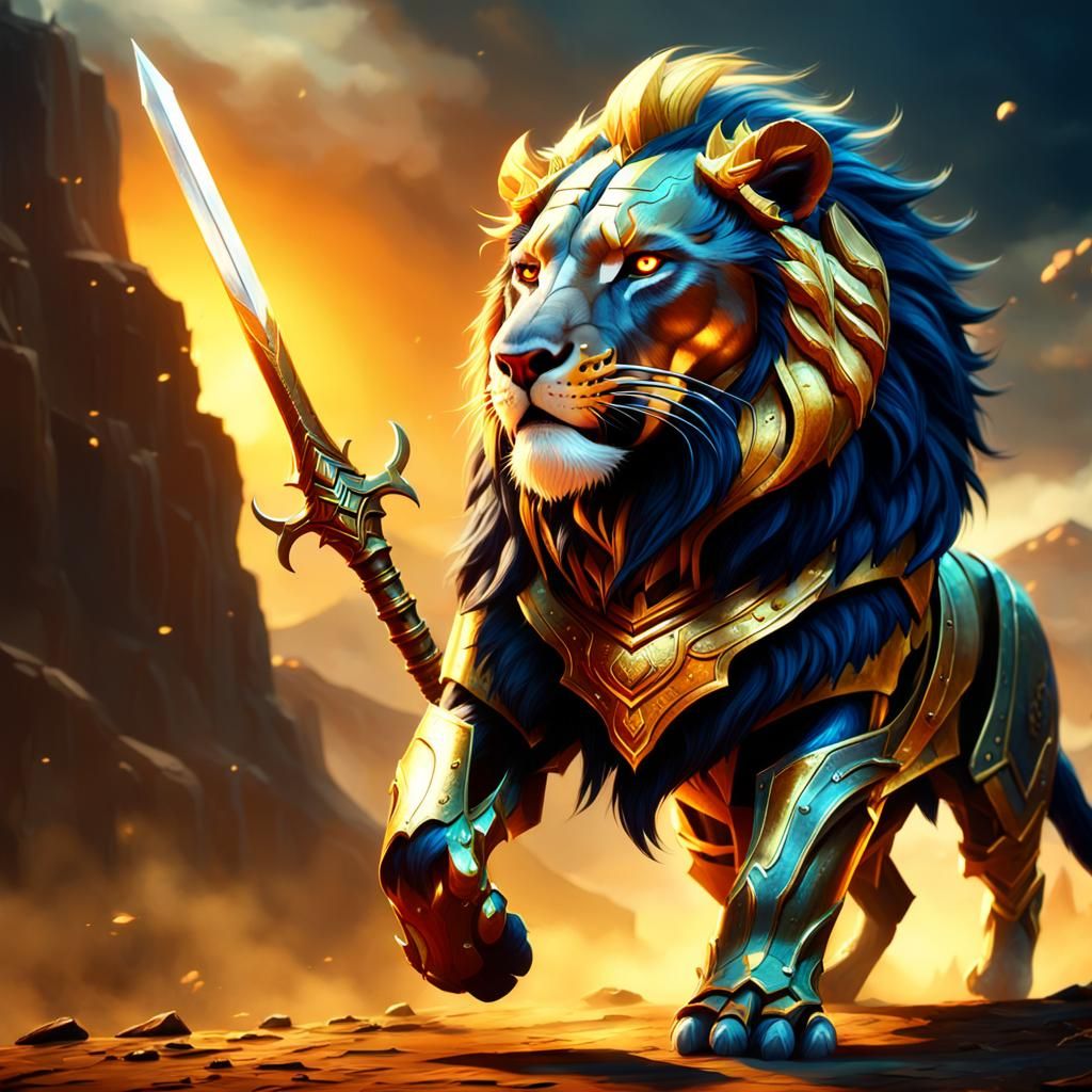 Fantasy Warrior and Lion in Arena