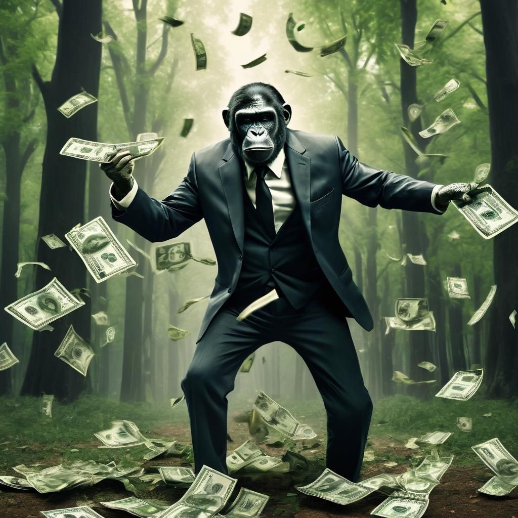 green leaves falling from the trees turn into dollar bills, trees are being cut down in the background, greedy, selfish,...