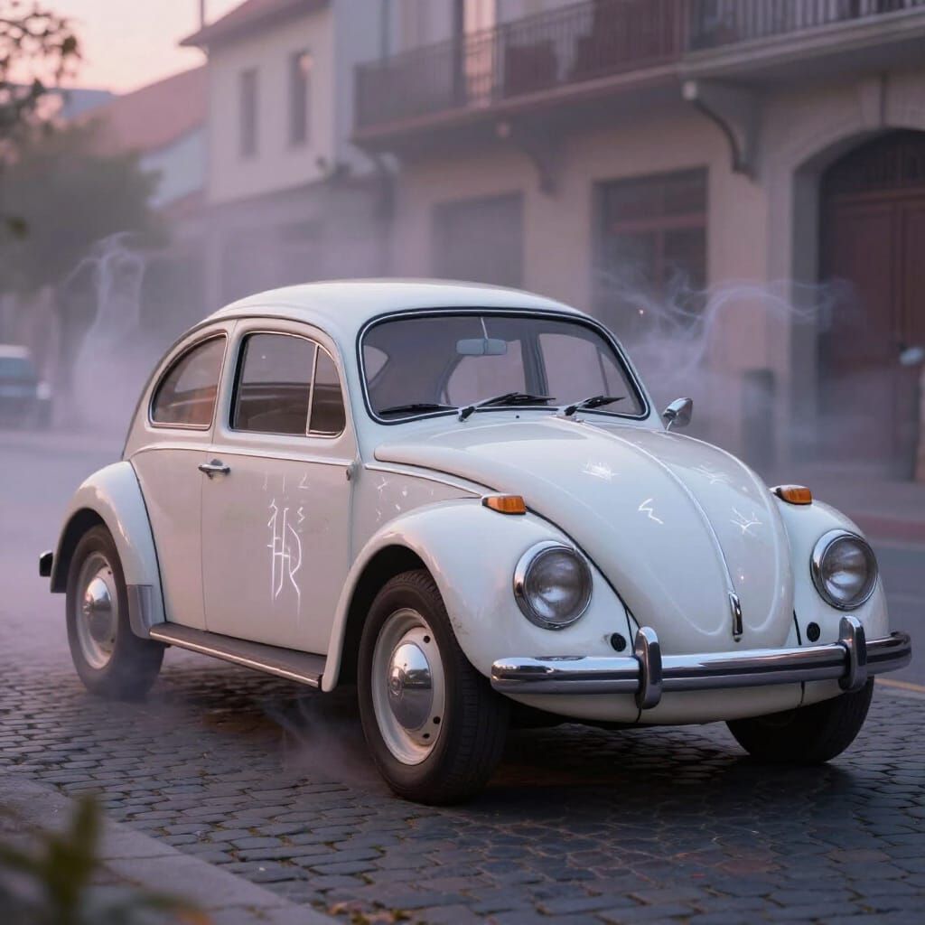 Ethereal White VW Beetle on Cobblestone Street at Twilight