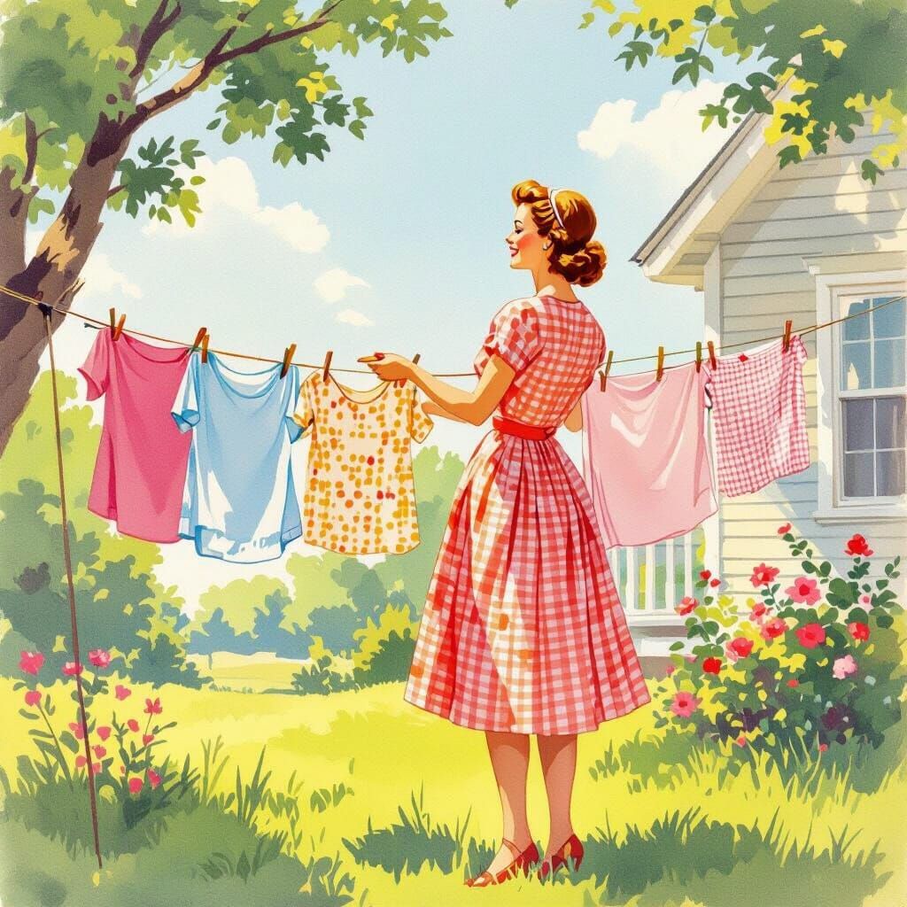 1950s Housewife on Sunny Summer Clothesline