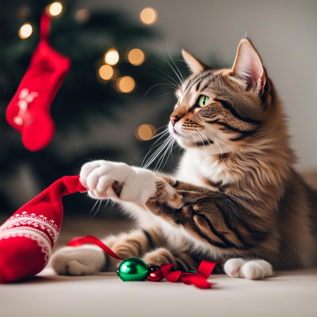 Cat Amused by Christmas Stocking