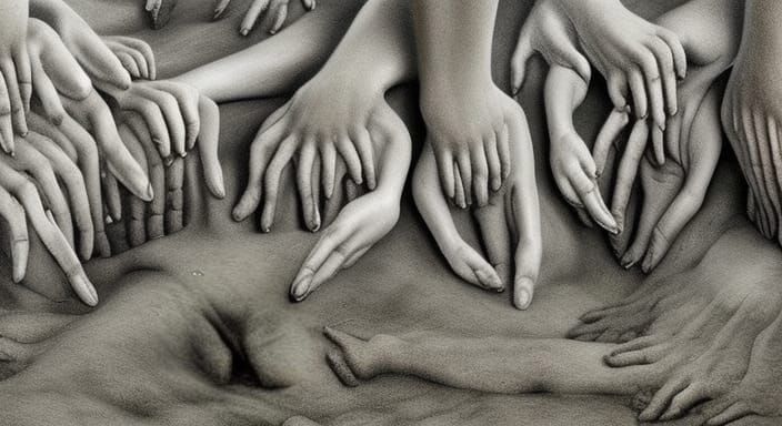 Eerie Surreal Landscape: Hands Emerging from Ground
