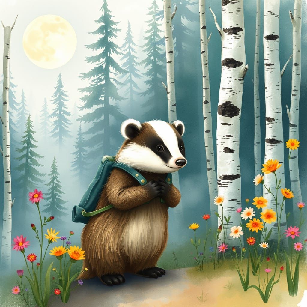 Whimsical Badger in a Misty Forest