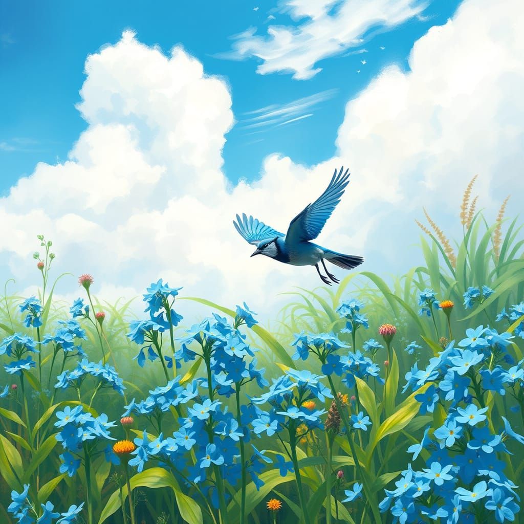 Beautiful Botanical Garden Scene with Blue Jay in Flight