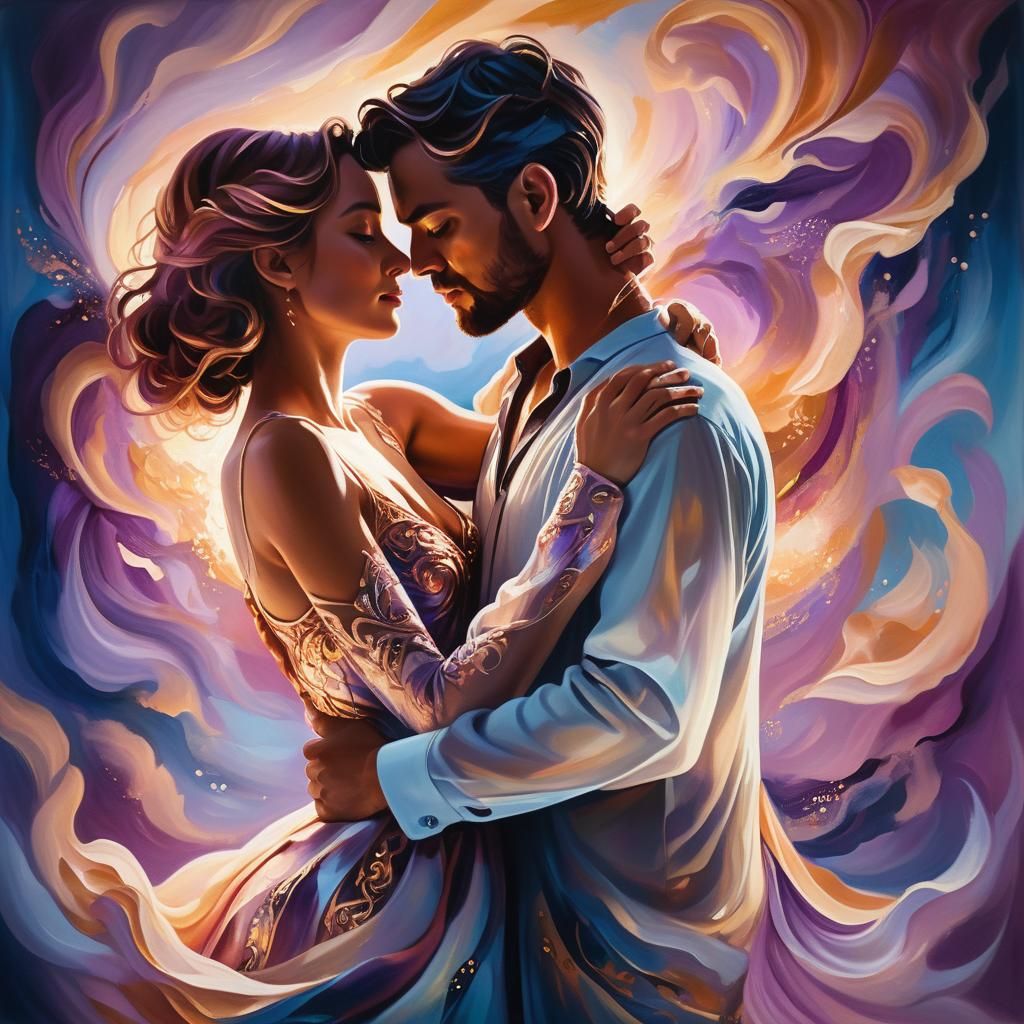 Glowing Couple Embrace in Surreal Oil Painting