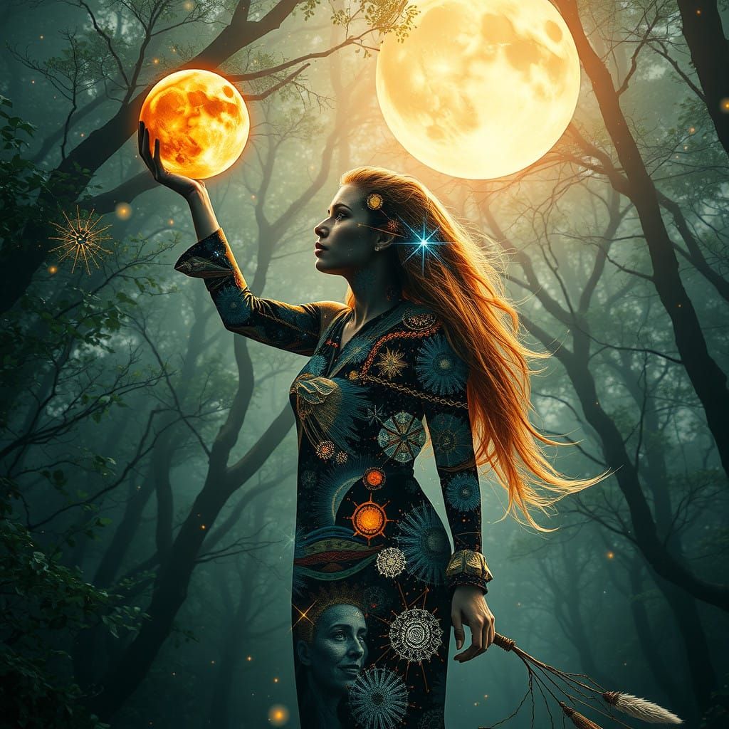 Transhumanist Goddess Embracing Celestial Harmony in Cosmic...