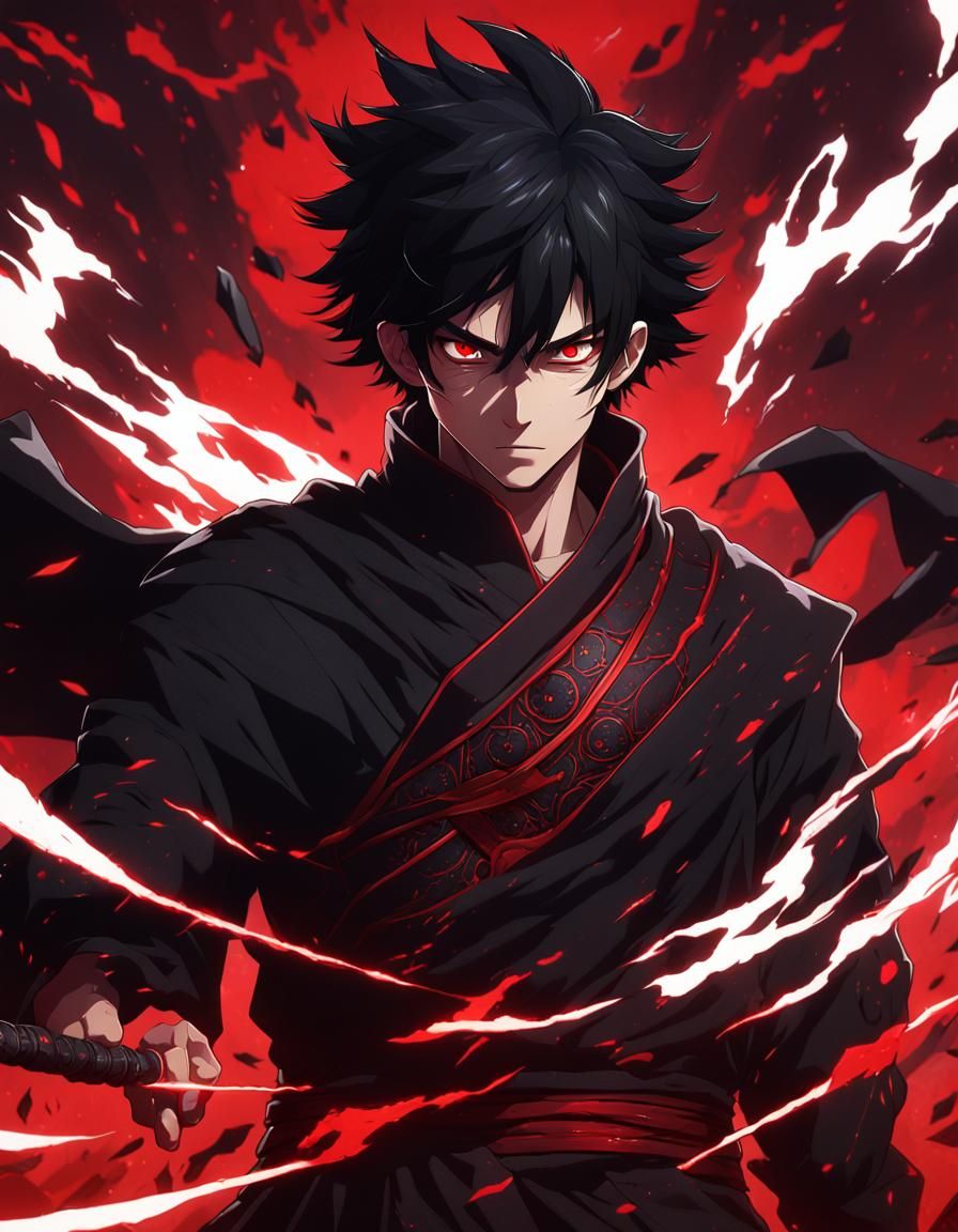 Anime Boy with Red Eyes and Black Thunder