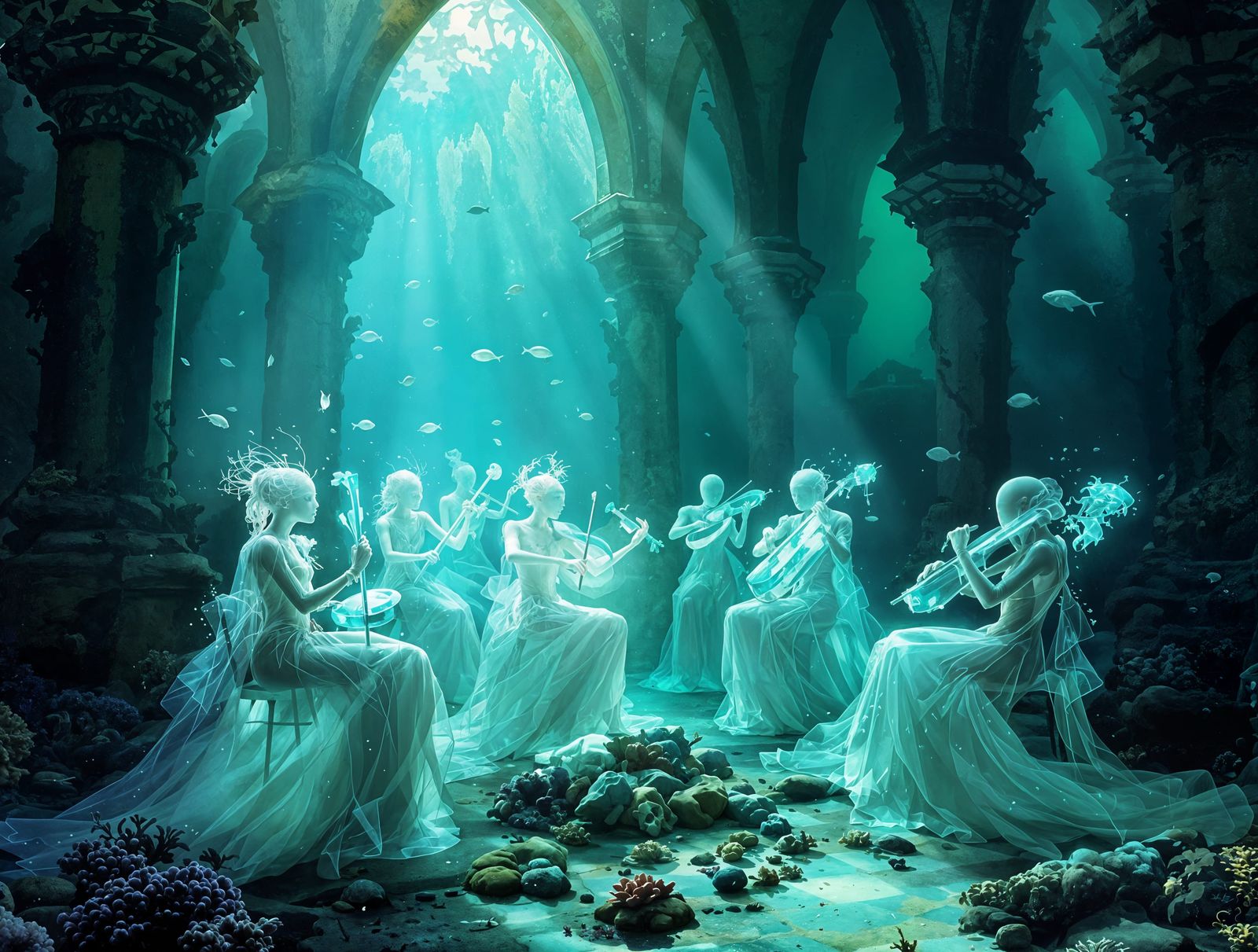 Ethereal Figures in an Underwater Cathedral