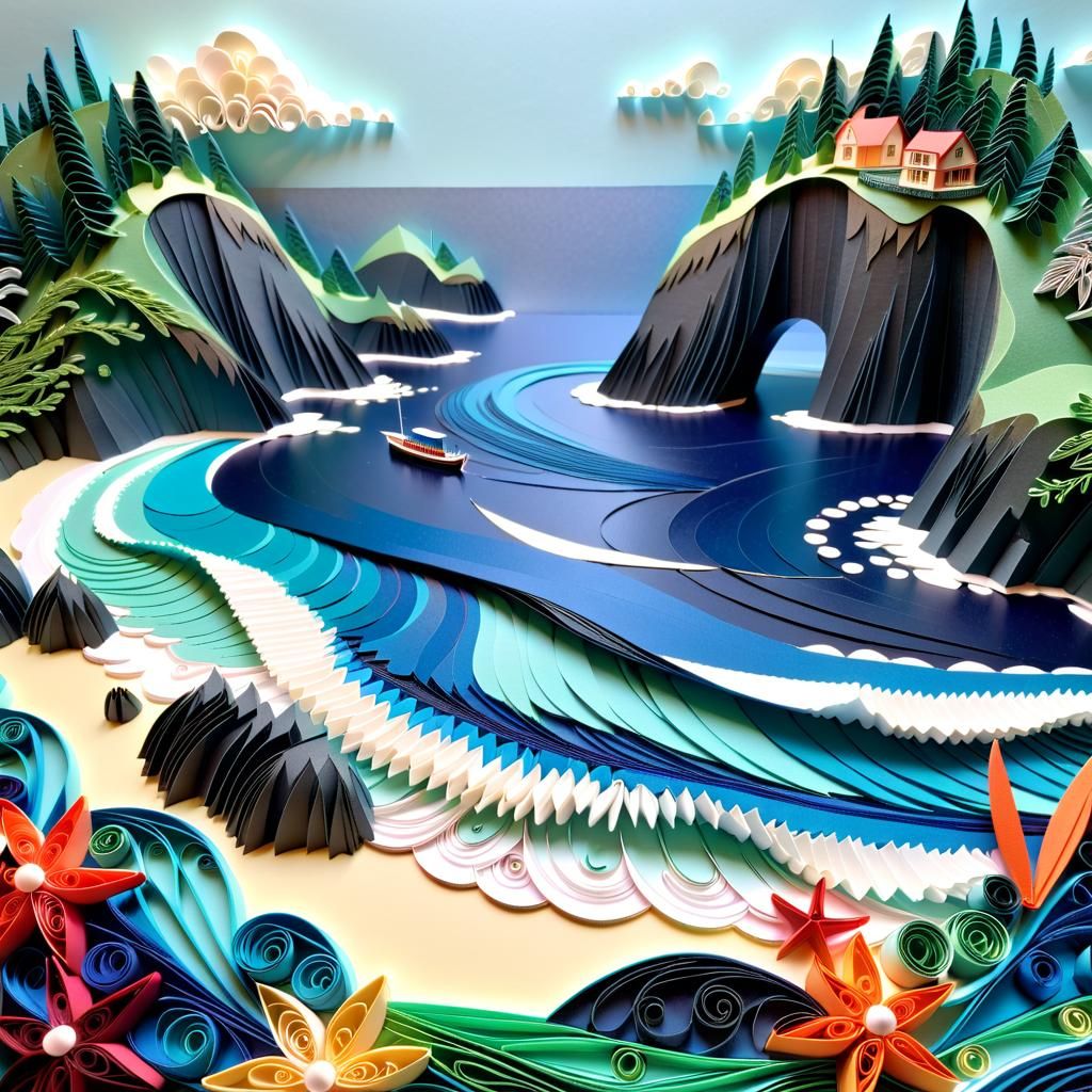 Detailed Papercraft Seascape in Quilling Style
