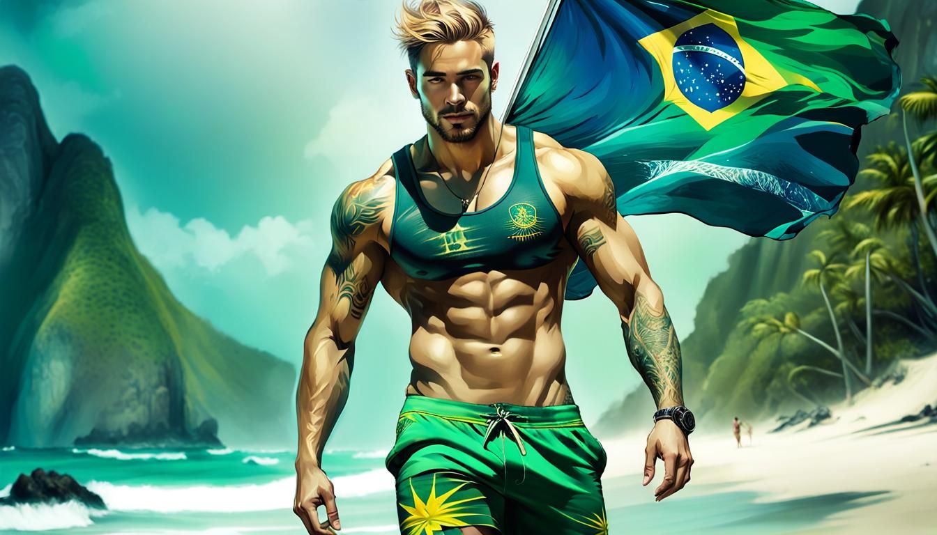 Brazilian Man on Rio Beach in Bioluminescent Style