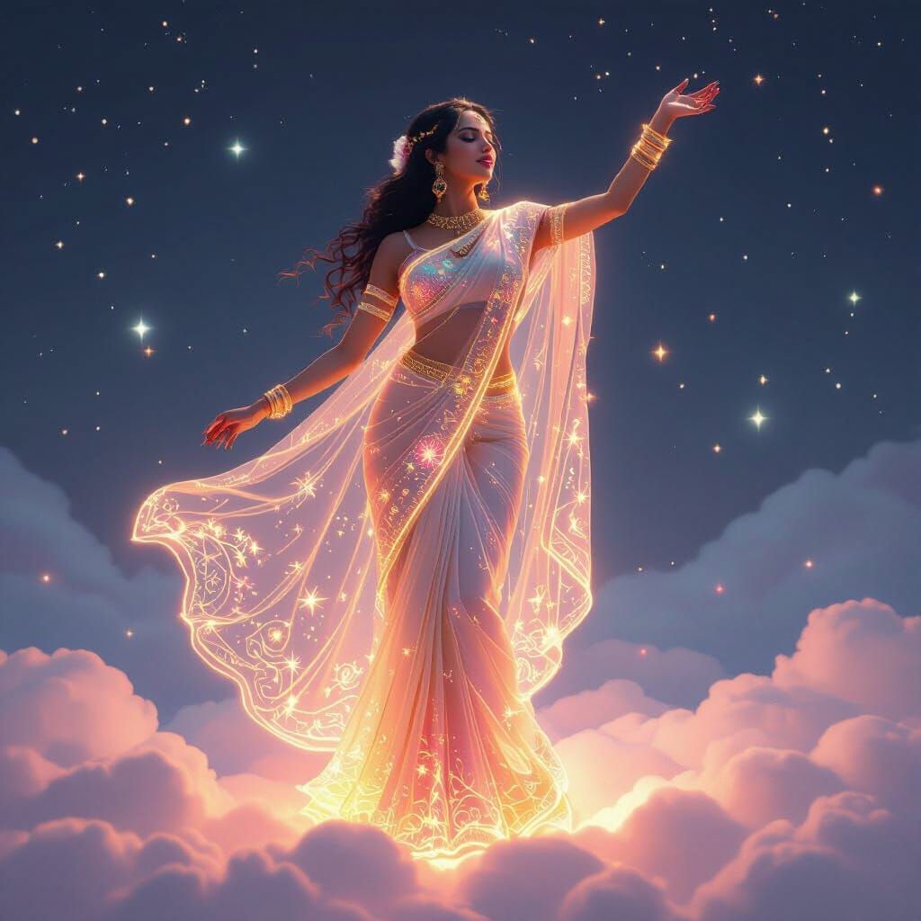 Celestial Neon Goddess Singing on a Cloud
