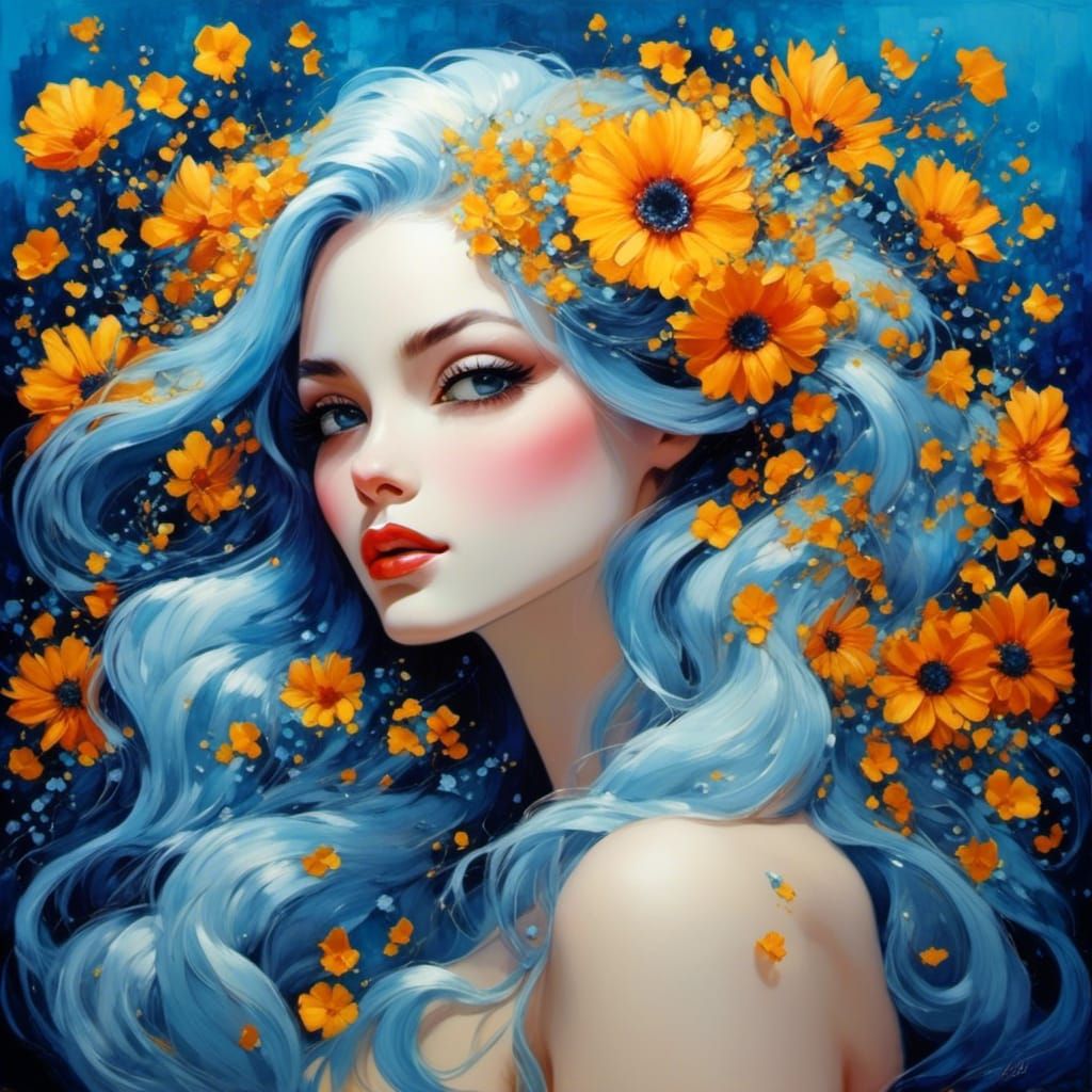 Renaissance Girl with Blue Hair Impasto Acrylic Painting