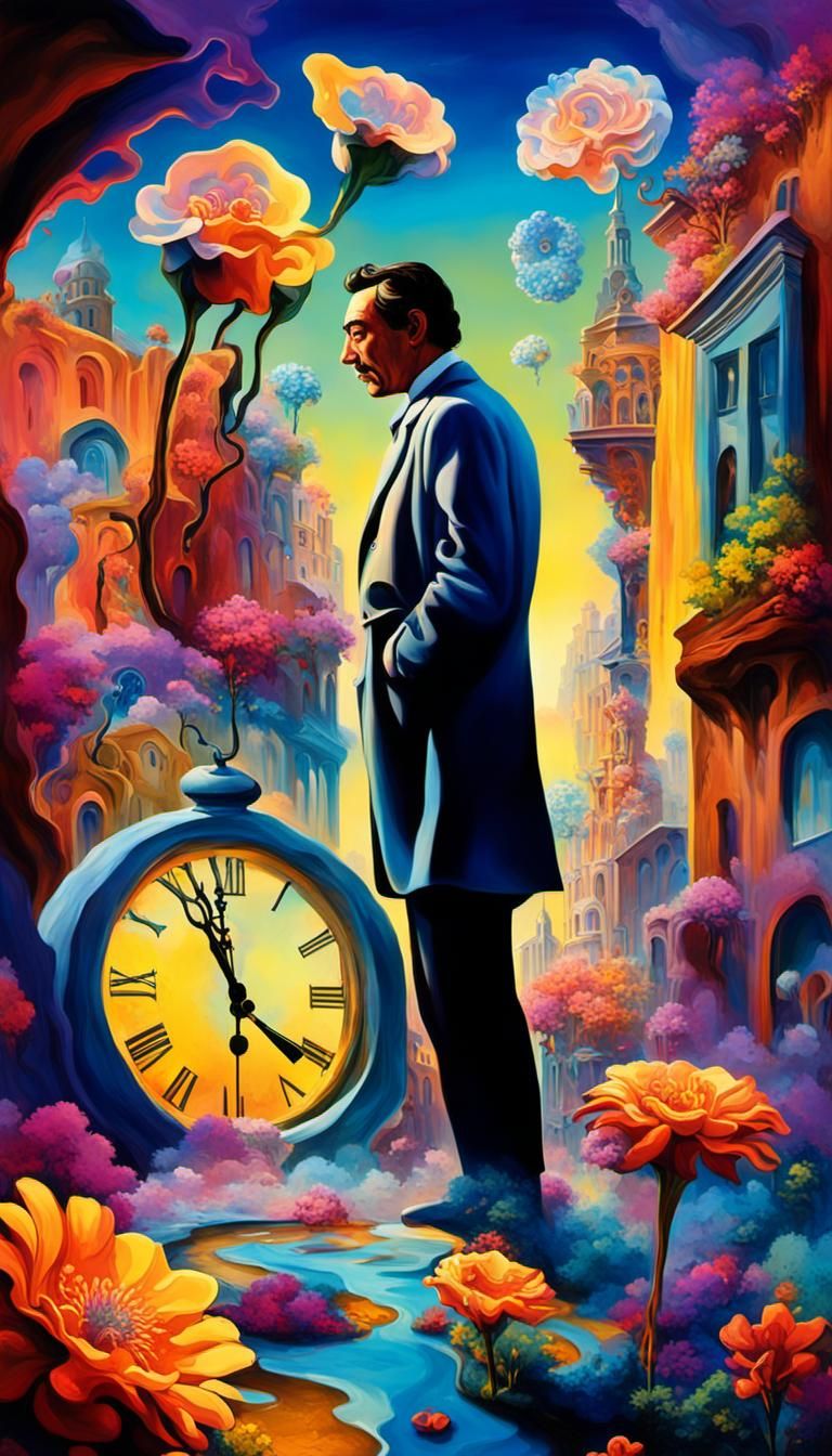Surreal Georgetown Scene with Melting Clocks, Digital Painti...