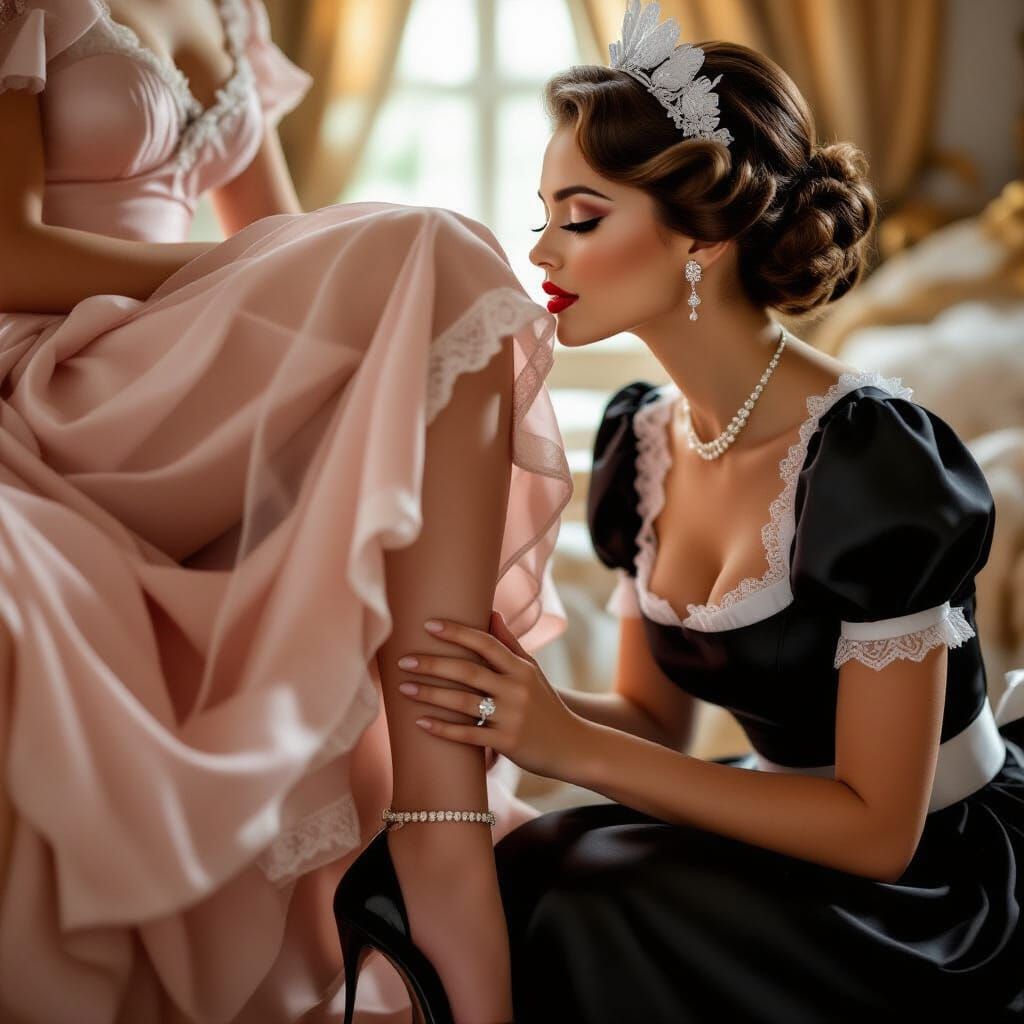 French Maid Kisses Mistress's Ankle in Luxury Fashion Aesthe...