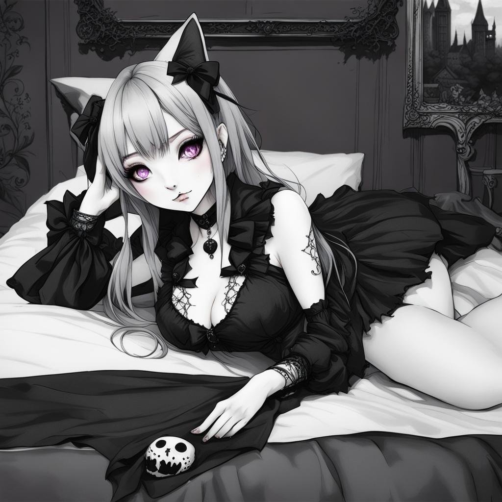 Gothic Neko in Short Dress Lying on Bed