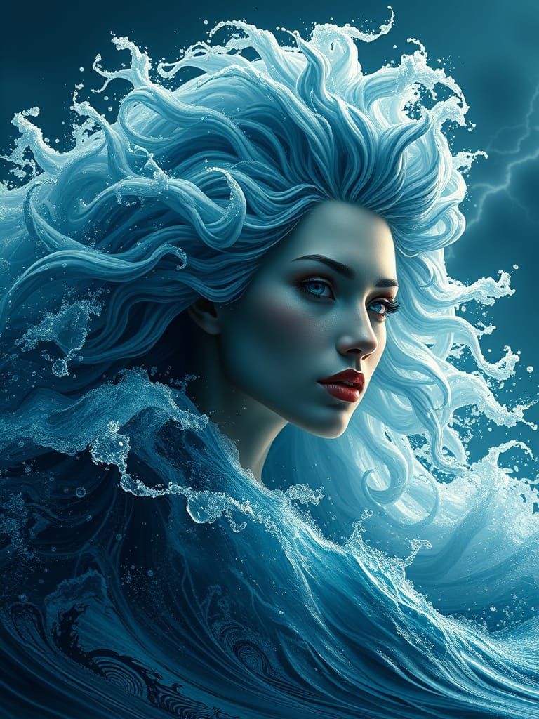 Ocean Tsunami Embodied as a Woman in Hyperrealism