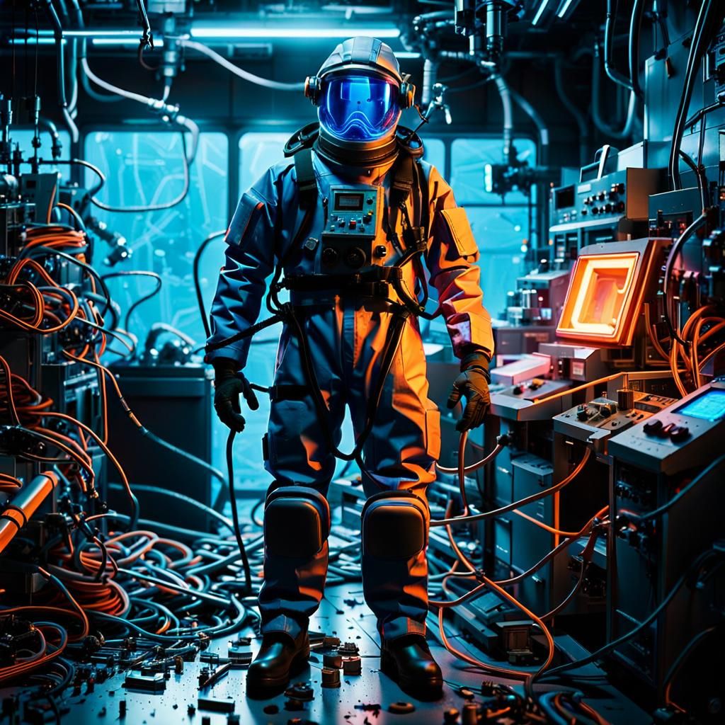 Biomorphic Sci-Fi Figure in Neon-Lit Lab