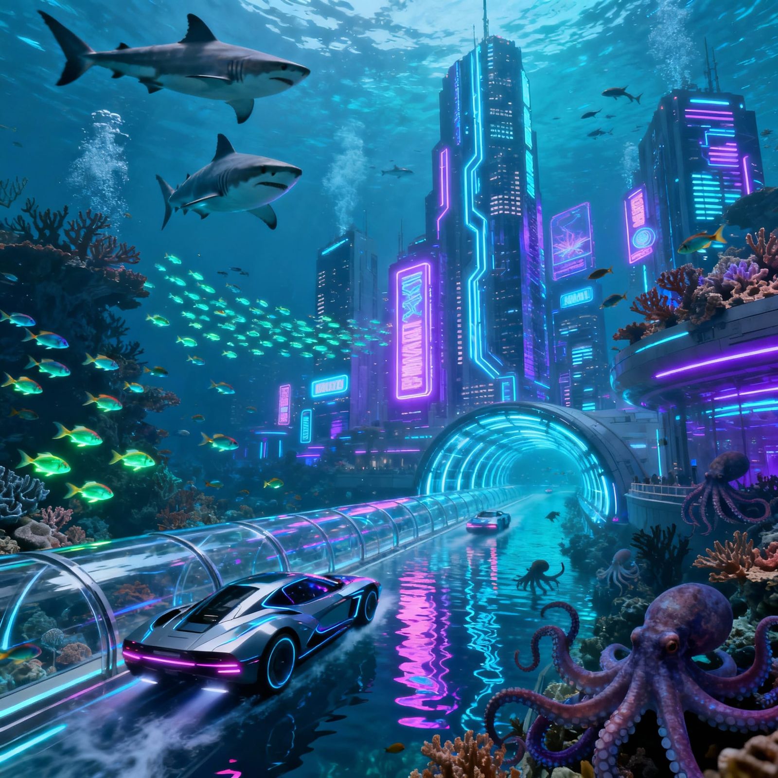Futuristic Underwater Cyberpunk City Concept Art