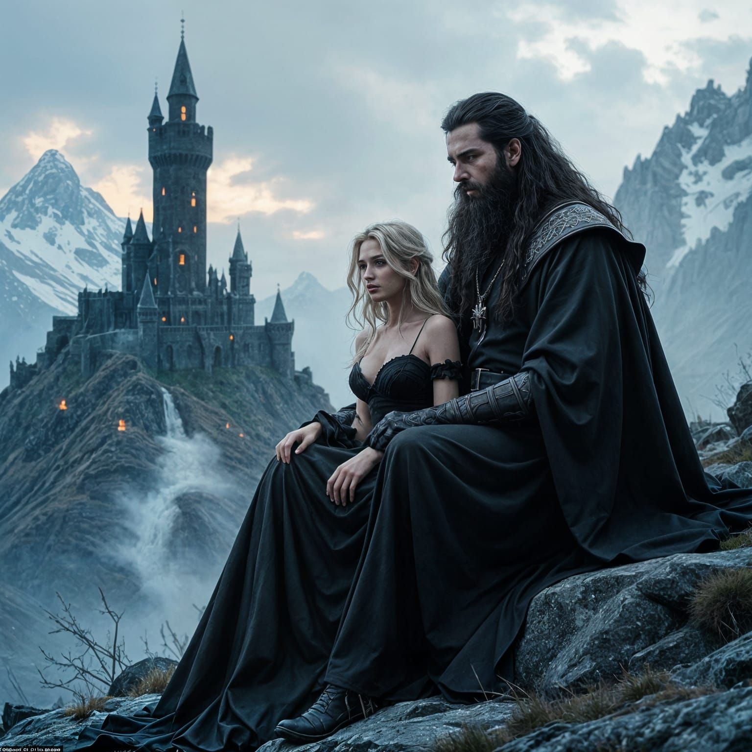 Dark Wizard Surveys Kingdom from Jagged Mountain