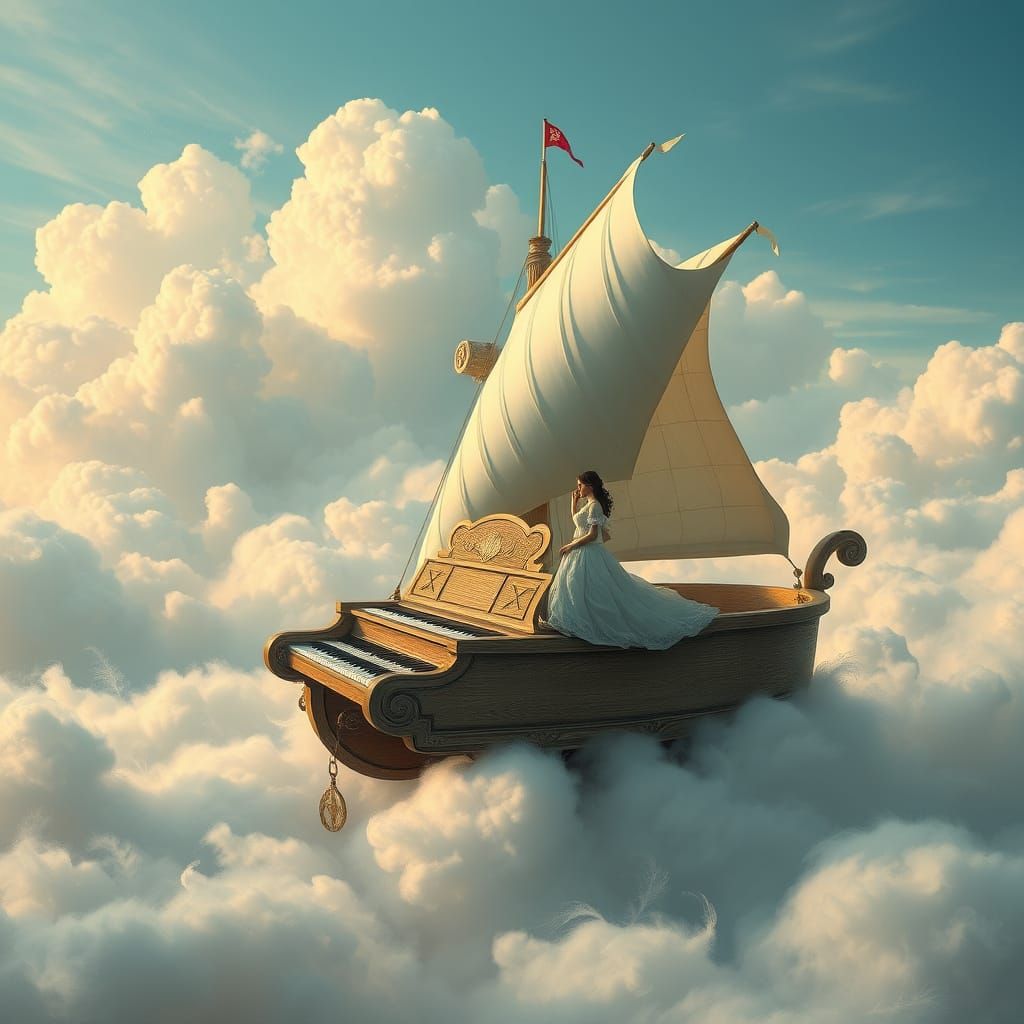 Piano-Shaped Boat Drifts through Celestial Cloudscape