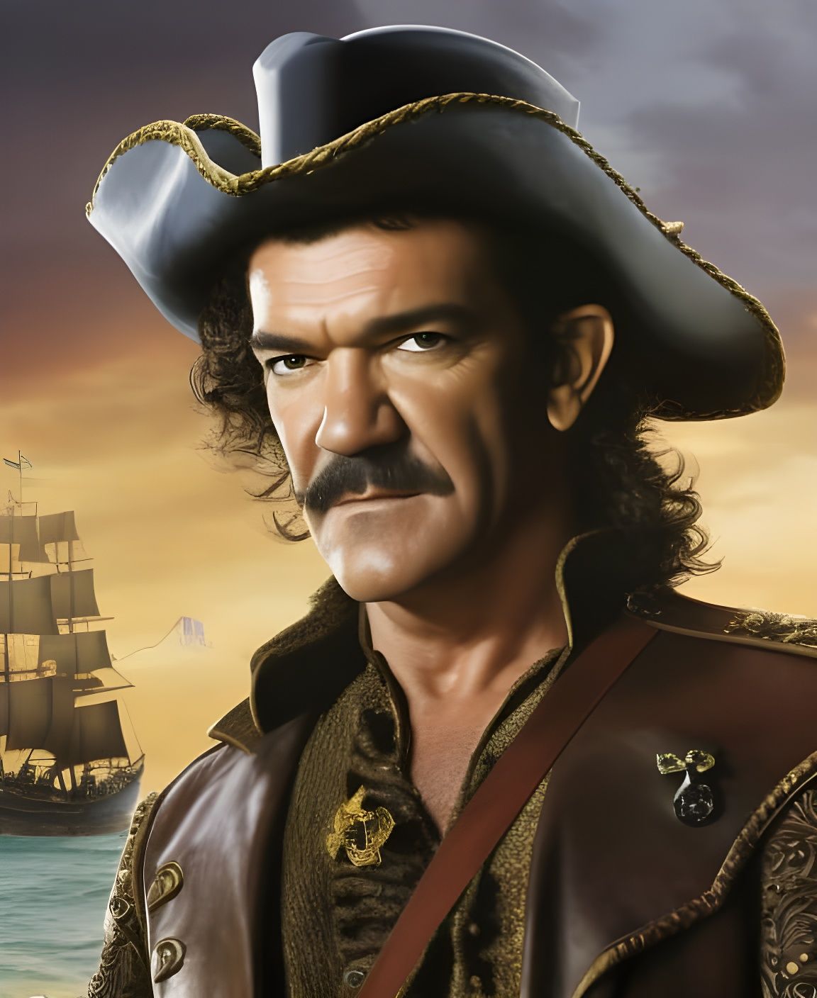 Portrait of Antonio Banderas as pirate William Turner from disney movie "Pirates of the Caribbean".  Intricate _details....