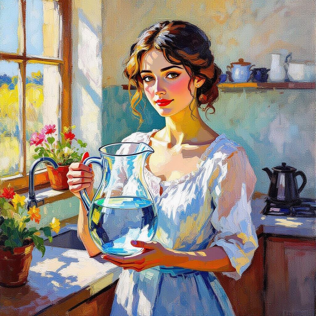 Woman Holding Water Pitcher in Sunlit Kitchen