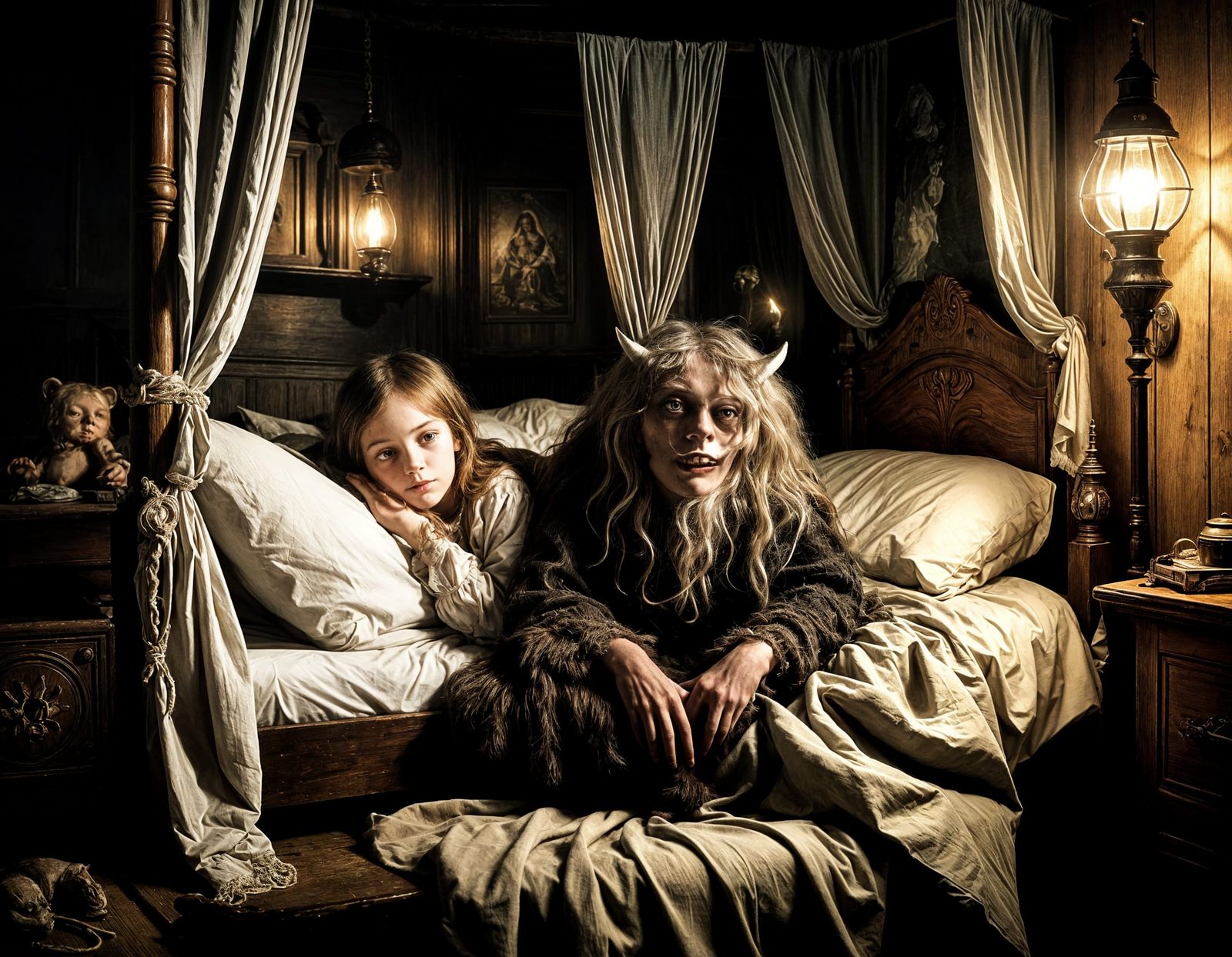 Menacing Child and Monster Under Bed in Bosch Style