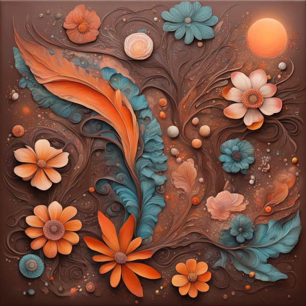 Abstract Surrealist Painting with Cyberpunk Floral Elements