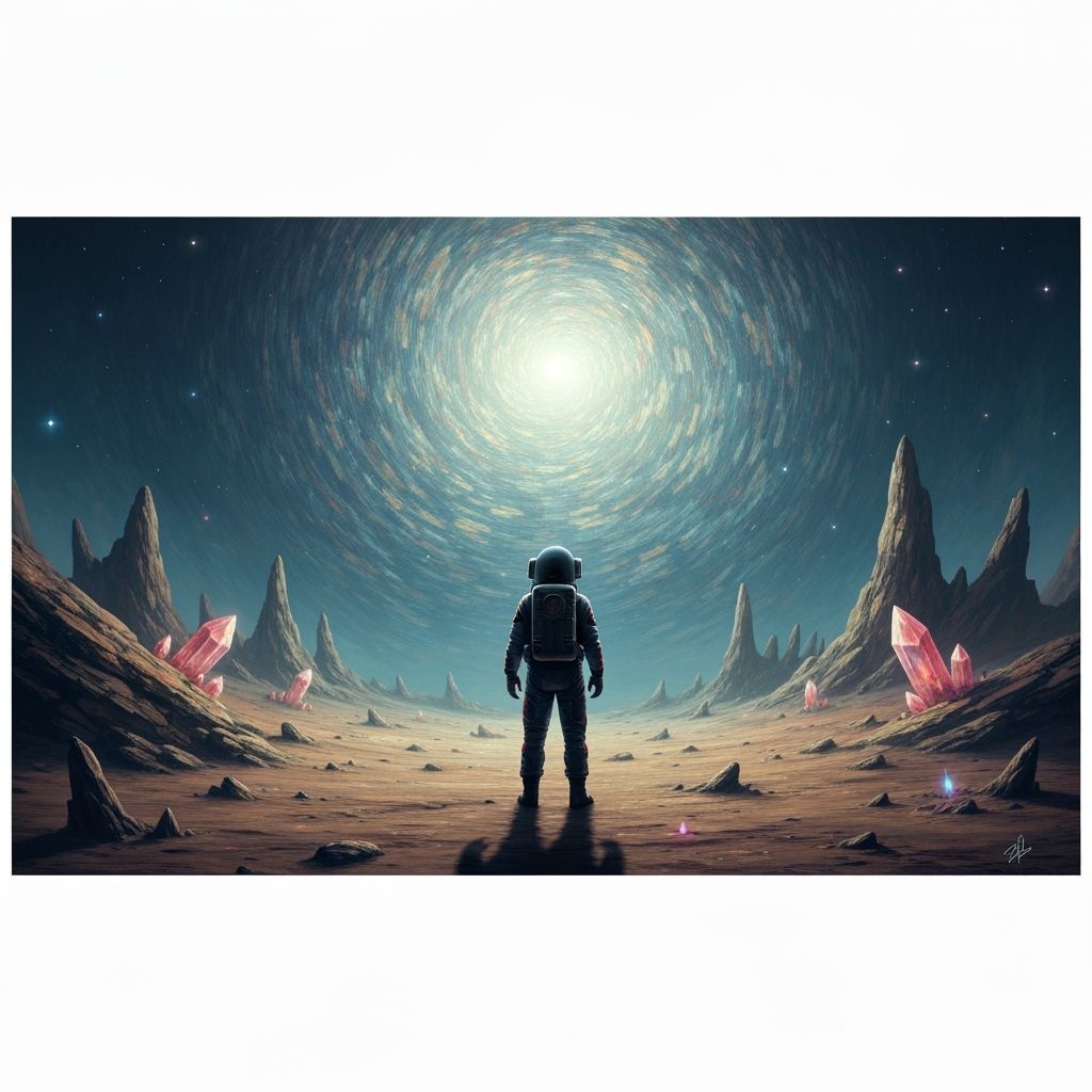 Astronaut on Alien Planet Gazing at Nebula in Impressionisti...