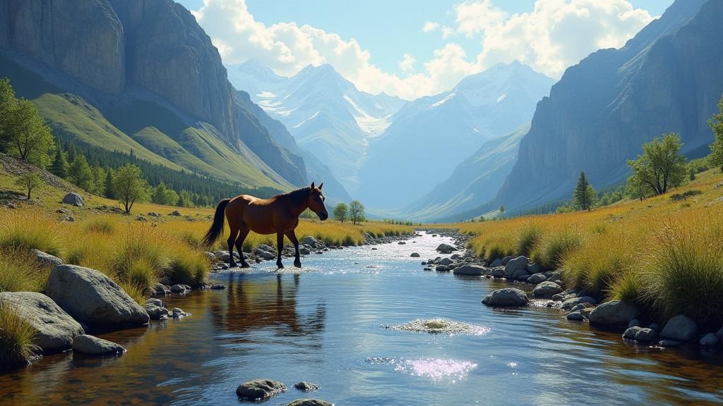 Wild Mustang in Mountain Valley Stream
