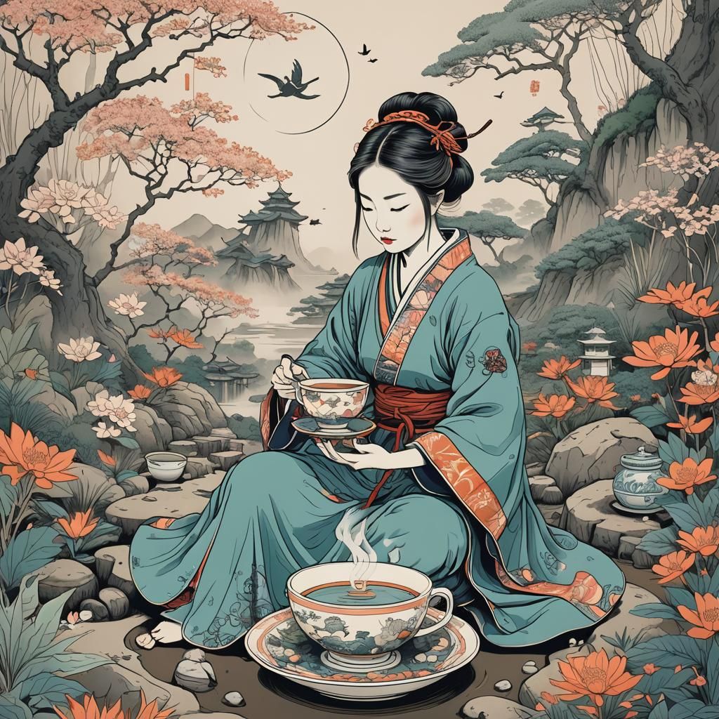 Samurai Woman in Teacup Zen Garden, Fine Line Art
