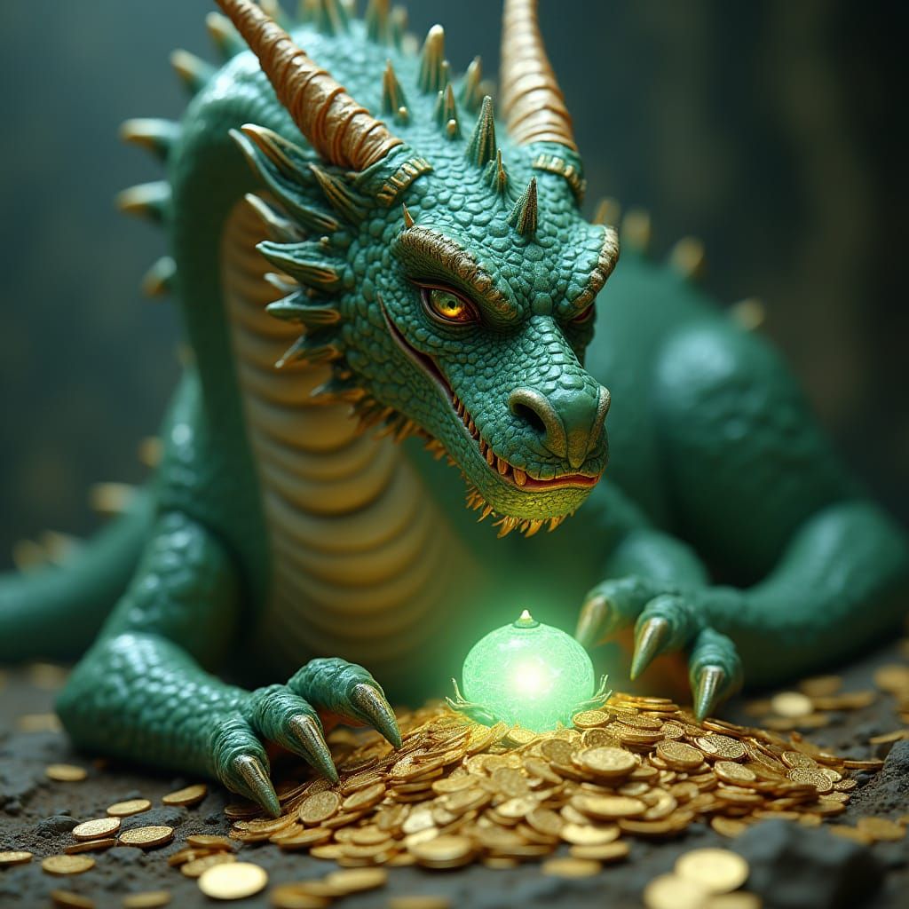 Ancient Dragon Guards Glittering Gold Hoard and Mysterious A...