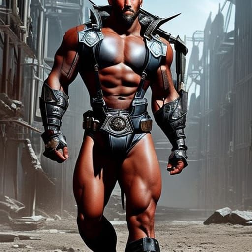 Muscular Cyborg in Dystopian City, Digital Art