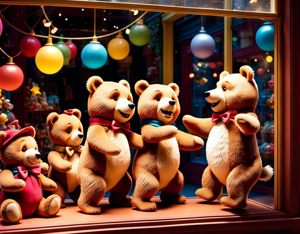 Happy Teddy Bears Dance in Toy Store Window