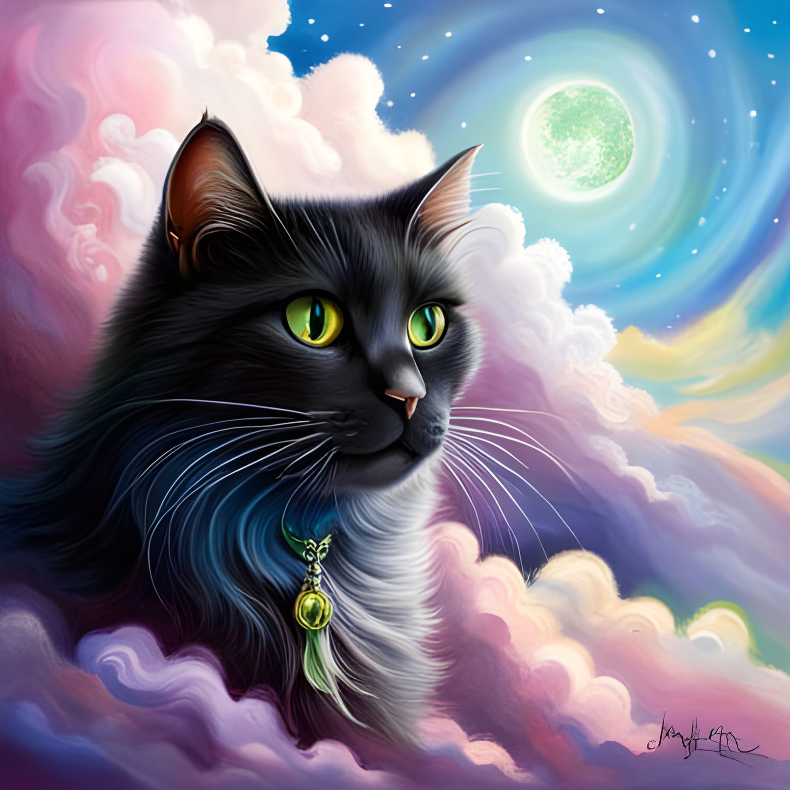 Cute Black Cat on Cloud: Fantasy Illustration