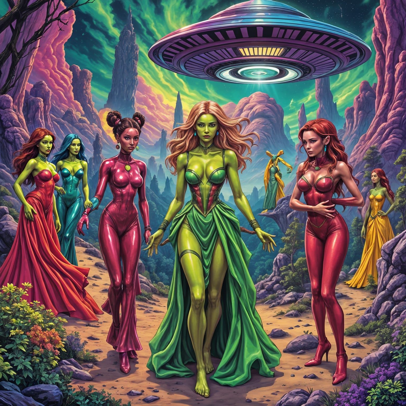 Fantasy Female Aliens Emerge from a Flying Saucer in a Vibra...