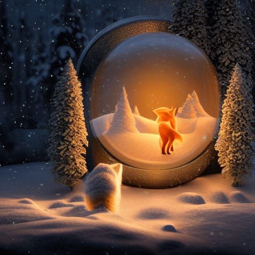 Fox in Glowing Snow Globe Art