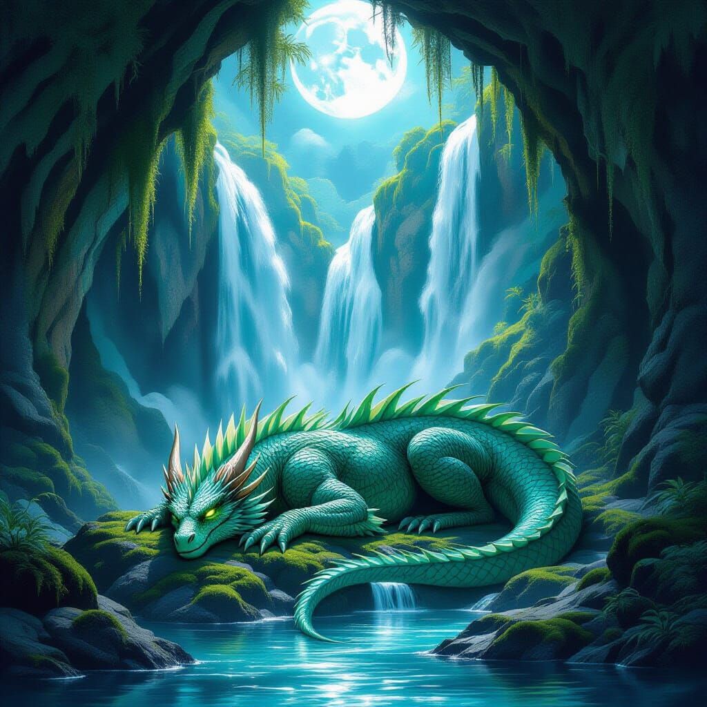 Emerald Dragon Sleeps Behind Moonlit Waterfall