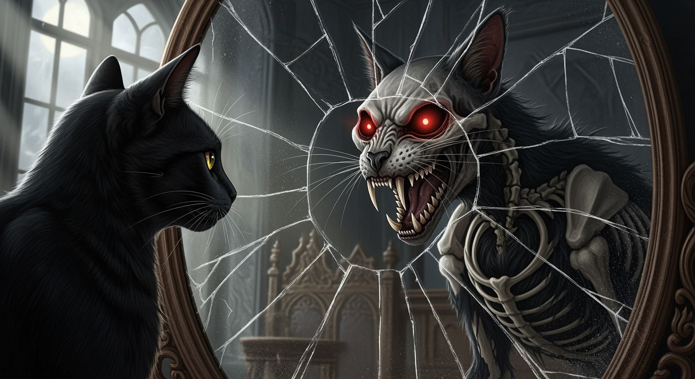 Black Cat Sees Skeletal Reflection in Cracked Mirror