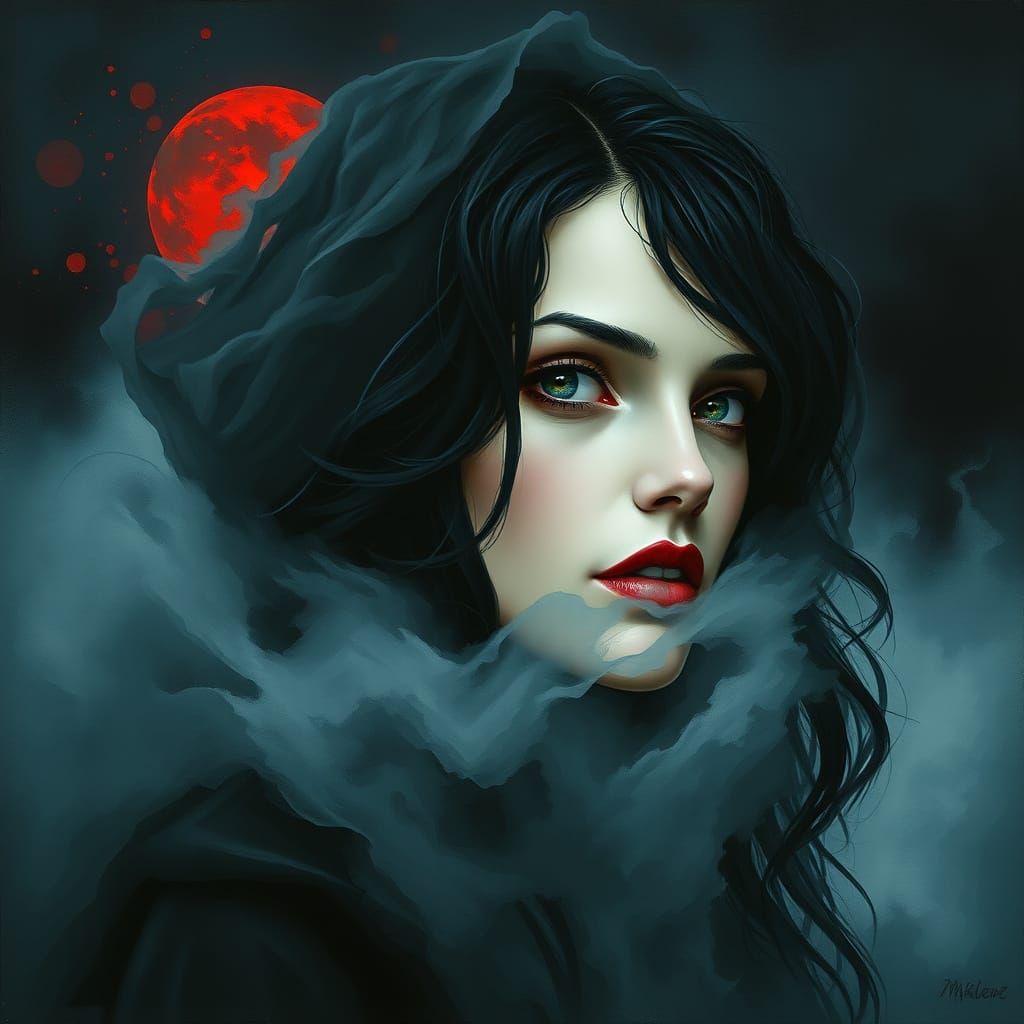 Ethereal Gothic Woman in Mysterious Night Sky