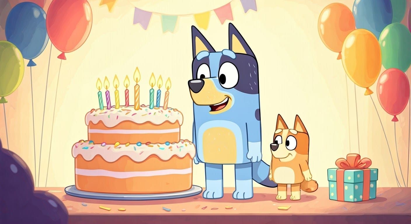 Bluey Celebrates Birthday with Bingo in Whimsical Style