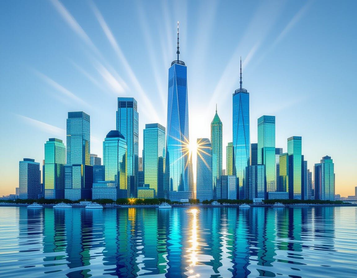 Vibrant Sea Glass City Skyline as Stained Glass Art