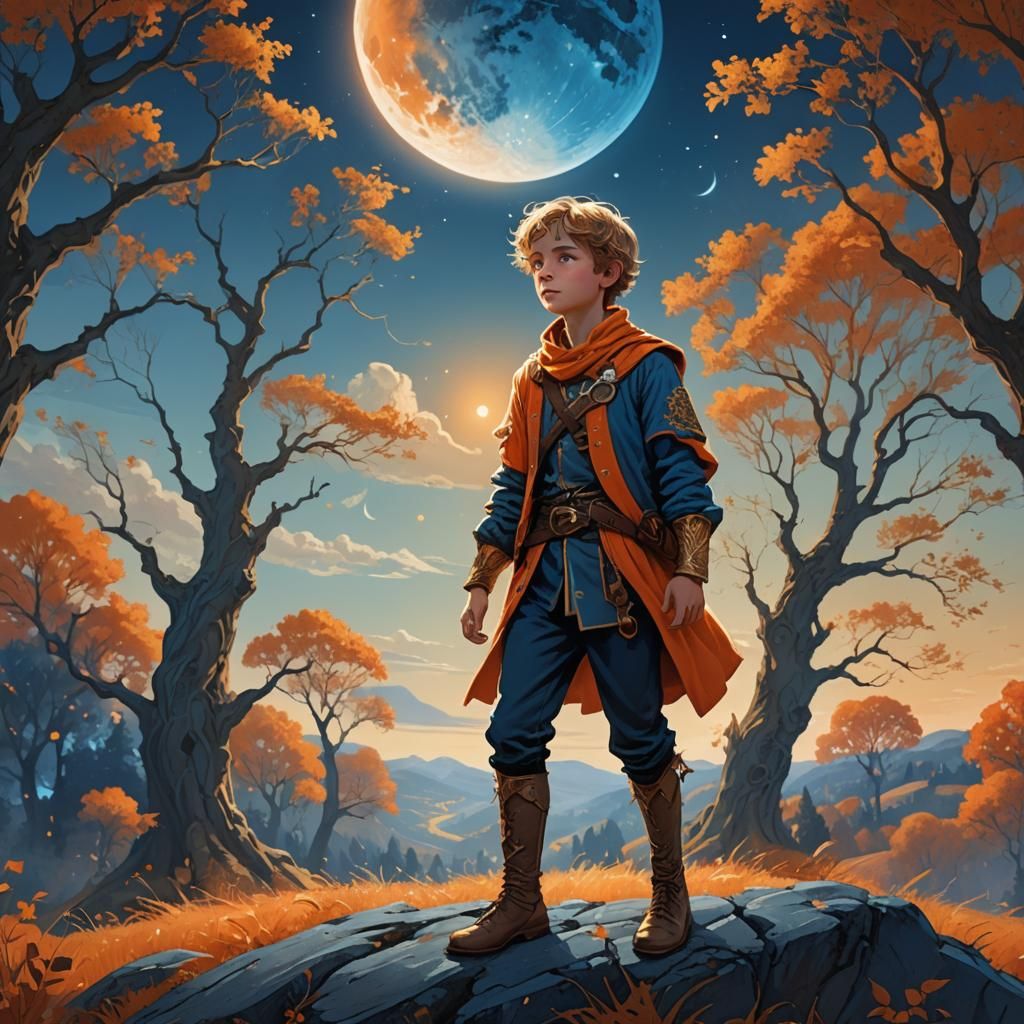 Majestic Child in Fantasy Landscape at Sunset