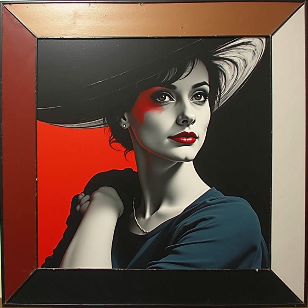 Black and White Portrait of Woman in Artistic Hat with Crims...