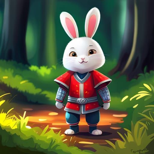 Samurai Rabbit Ready for Battle in Forest Scene