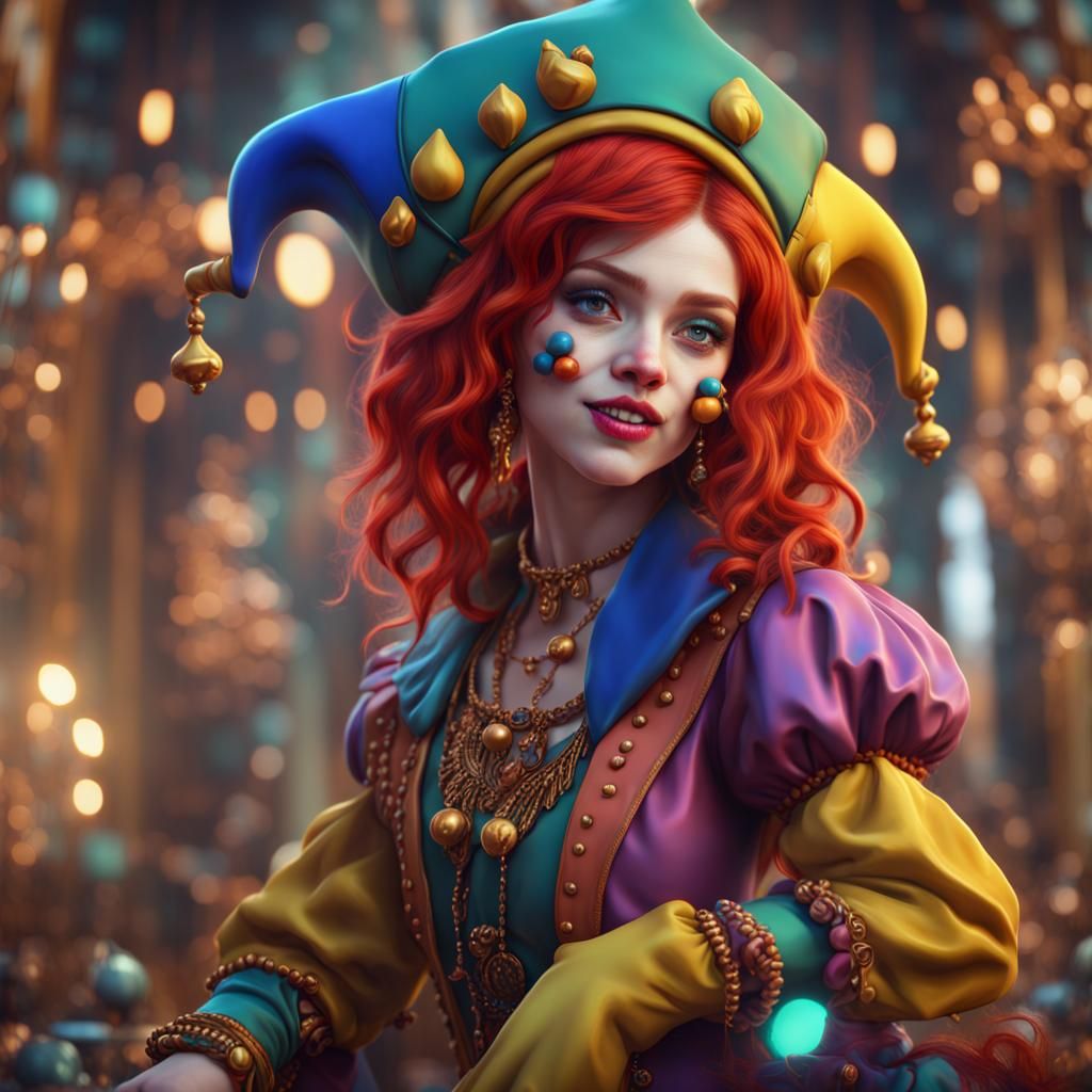 Colorful Jester Girl: Detailed Maximalist Digital Art